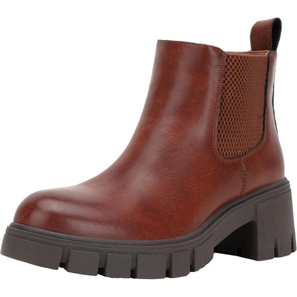 Vepose Women's Cognac Faux Leather Lug Sole Elastic Slip on Ankle Booties - Picture 1 of 9